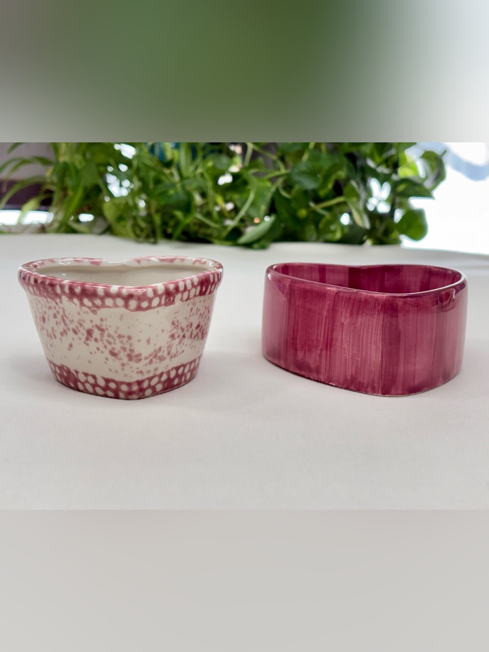 Vintage 80s Pink Loomco Spongeware & Magenta Ceramic Heart Trinket Dish Set of 2
